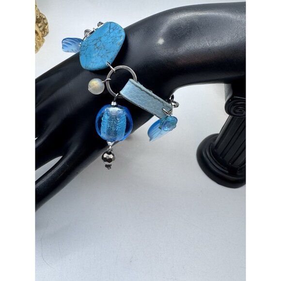 BLUE FOIL GLASS Beads Bracelet Whit Mix Materials And Silver Tone - Picture 3 of 9